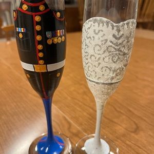 Marine and bride hand painted wedding toast glasses